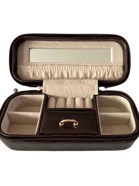 Brown Faux Pebbled Leather Travel Jewelry Case Box Pouch 7”x 3”x 2”